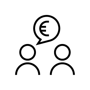 Zwei Menschen mit Sprechblase und EURO Zeichen als Symbol für die Mitarbeiter:innen-werben-Mitarbeiter:innen-Prämie bei TREND-JOB
