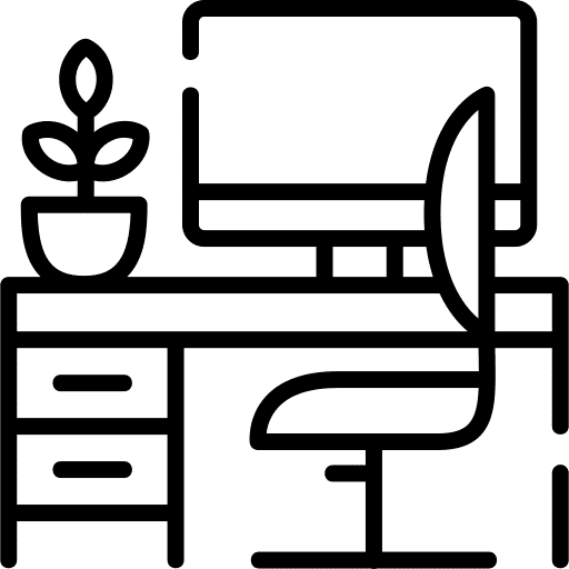 Icon von einem Schreibtisch mit Schreibtischstuhl, Monitor und Pflanze, das die Bürobranche symbolisiert