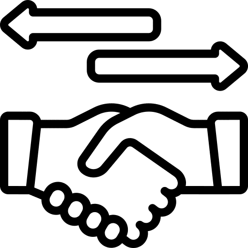 Icon von zwei sich schüttelnden Händen mit zwei Pfeilen, die die Handelsbranche symbolisieren