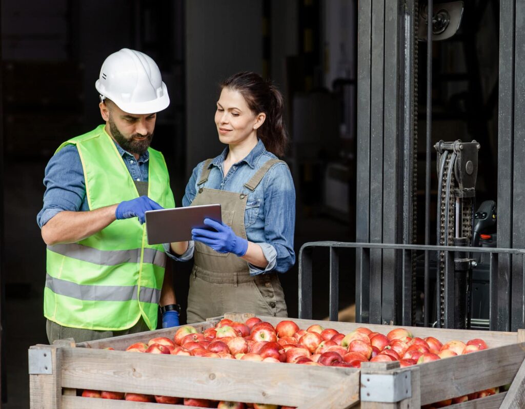 Zwei Menschen während ihres Zeitarbeiteinsatzes bei der Koordination der Warenkiste