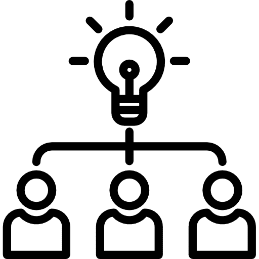 Icon von drei verbundenen Menschen und einer Glühbirne als Symbol für den Wert Barrierefreiheit und flache Hierarchien der Zeitarbeitsfirma TREND-JOB