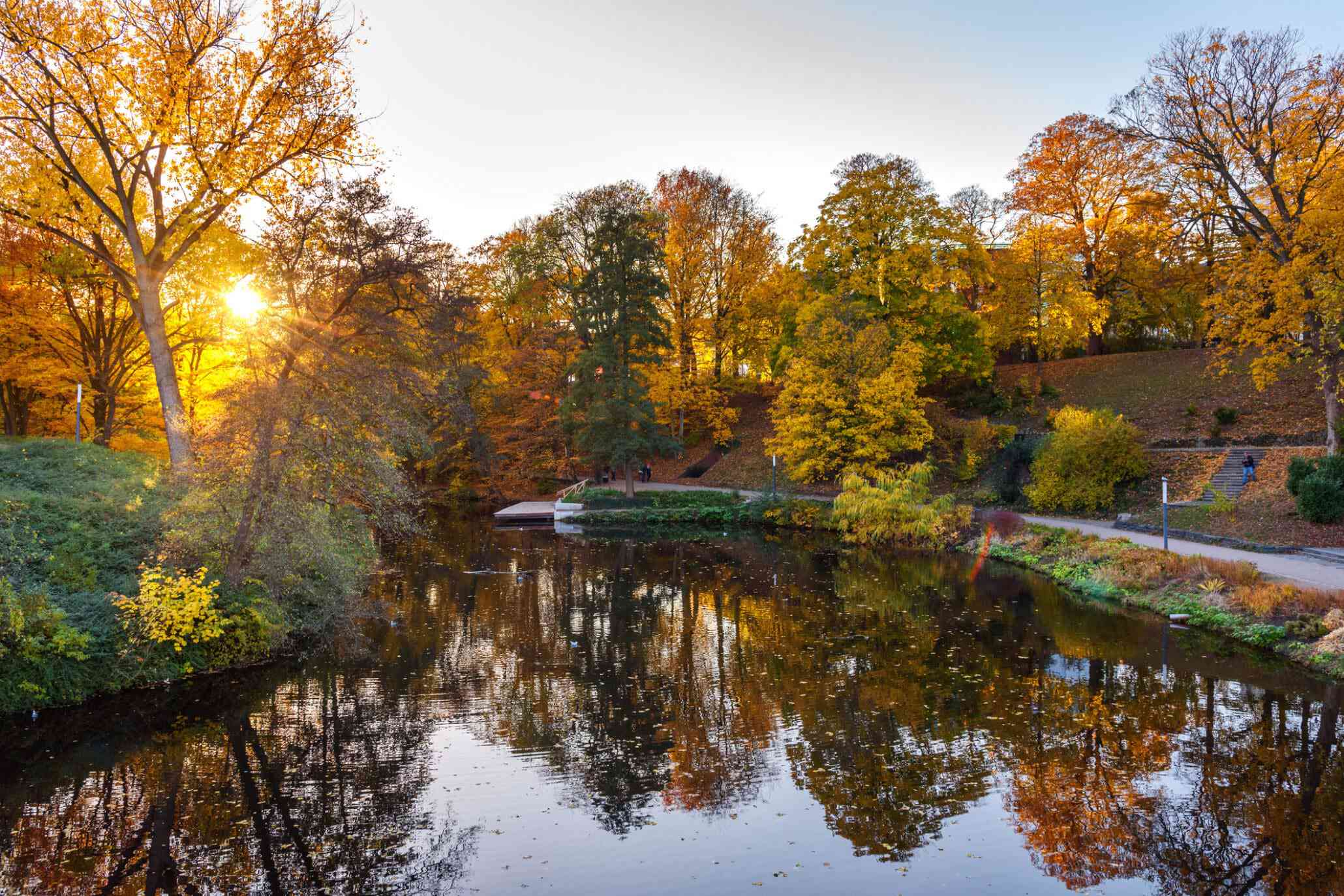 Stadtpark mit See in Hamburg und untergehender Sonne