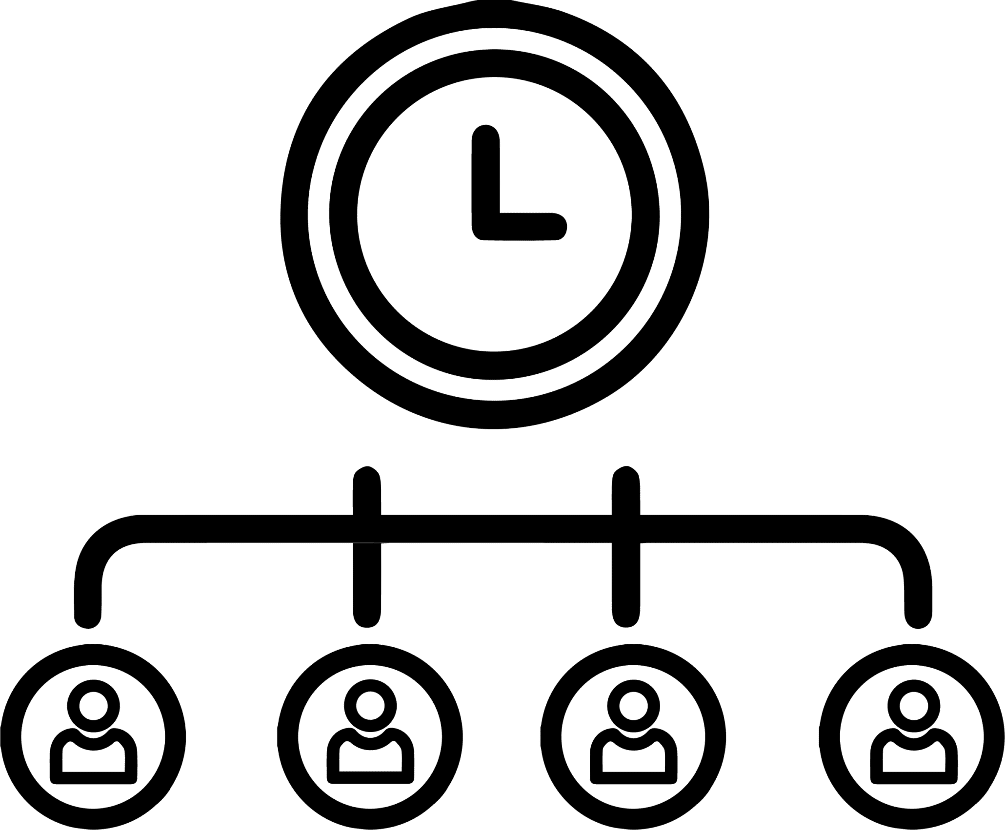 Icon Diagramm mit 4 Menschen und einer Uhr als Symbol zur temporären Personalaufstockung